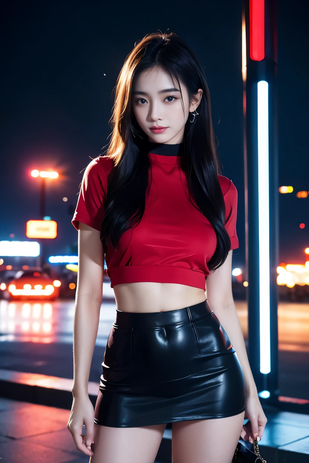 Beautiful Thai college student,long straight black hair,cute face,far shot,choker,full body,large earring,small bag,red shirt,miniskirt,night light,city,Photography,Surrounded by neon-lit reflections of the cityscape, depth of fields,Night, cyberpunk aesthetic, Highly detailed lighting, Dramatic,8K, high-detail, Skin Texture, Realistic skin texture,Best Quality, hight resolution, Photorealsitic