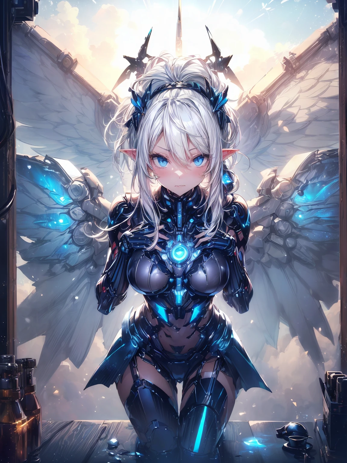 (table top, highest quality, wonderful, very detailedティッカーユニティ、8k wallpaper, written boundary depth, Ultra-fine illustration:1.5)、。.。.3D, very detailed, (Full body Esbian、Mecha elf girl:1.3), sci-fi battlefield, Hawken, shy smile, open your mouth、short ponytail hair, (white blonde hair, deep blue eyes:1.2), sparkling eyes, Embarrassingly cute face, cute, big breasts, delicate hair, messy hair, (((Sky-high、blue and wide sky, White cloud、shiny hair, shiny skin, (Symmetrical mechanical winetallic colored mechanical wings that are widely expanded to the left and right so that they protrude wonderfully from the screen, bite, white hair ornament), (particles of light, cinematic lighting: 1.3), (light pink lips: 0.8), by Yusuke Murata.