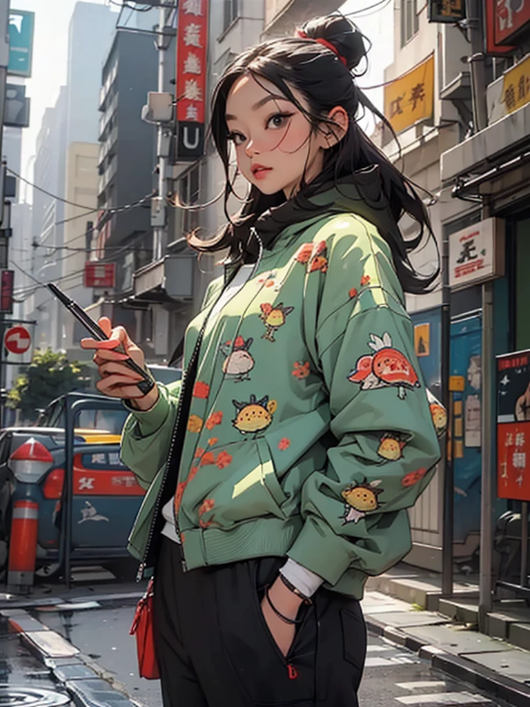 绿色of: 1.5, orange: 1.1, 白色of: 1.3, of: 1.3, (garota rapper com cabelo pavor), post apocalyptic world, tattoo, (lupas pufferfish: 1.2), Giant machines, misterburn, Wire, part, Action pose，酷酷of一个女孩，Pockets for both hands