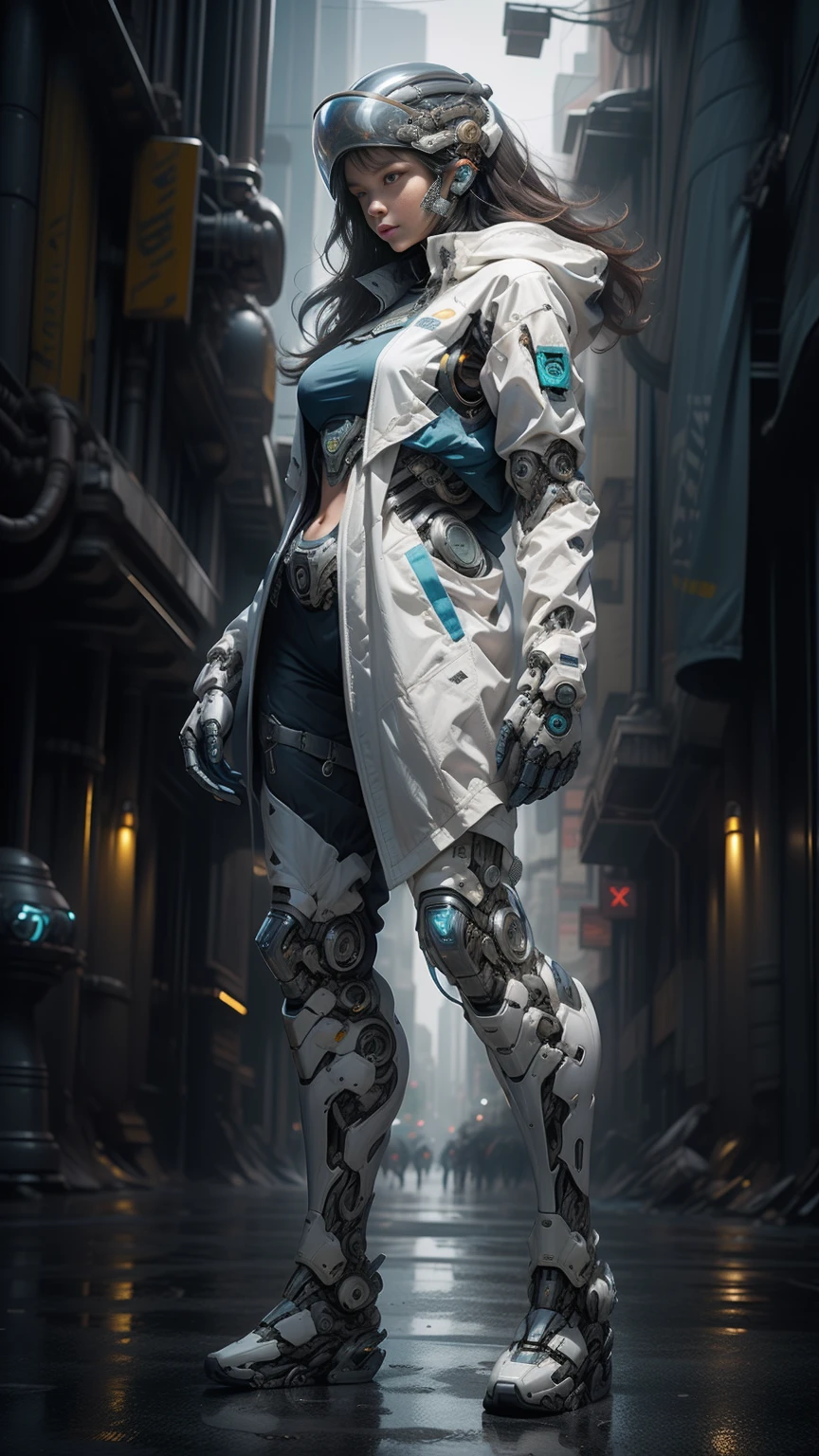 full body plane, a futuristic-looking ((white chrome cyborg)) woman with a fantastic ((square cyberhelmet head with blue lights)), mechanical feet, wearing a pair of ((blue tactical gloves)), dressed in a ((blue techwear jacket)), standing in cyberpunk city, face focus UHD, anatomically correct, best quality, masterpiece, reelmech