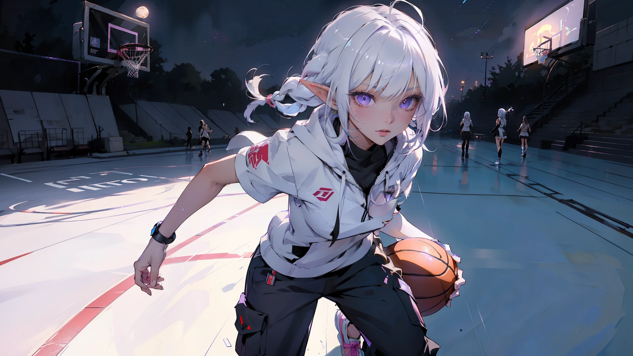 ((masterpiece)), (top quality), (best quality), ((ultra-detailed, 8k quality)), Aesthetics, Cinematic lighting, soft semi-backlit light, (detailed line art), absurdres, (best composition), (high-resolution),
BREAK,
beautiful of ((dark elf girl)), street clothes, hoodie, (cargo pants), Air Jordan Sneakers, full body, Dynamic pose, POV angle to head, atmospheric perspective, cinematic dramatic atmosphere, Standing in the middle (basketball court:1.2), (holding a basketball), outdoors, (full moon sky), sweating,
BREAK,
highly detailed of (dark elf), (1girl), solo, perfect face, details eye, ahoge, twin braids, white shining hair, hime cut bangs, medium hair, (violet eyes), shining eyes, (beautiful detailed eyelashes, eyeshadow, pink eyeshadow), smile, design art by Mikimoto Haruhiko, by Kawacy, By Yoshitaka Amano,
BREAK,
((perfect anatomy)), perfect body, Abs, (medium breast), perfect hands, perfect face, beautiful face, beautiful eyes, perfect eyes, (perfect fingers, deatailed fingers), correct anatomy, perfect legs, ((dark skin:1.2)), perfect ball, Detailed ball,