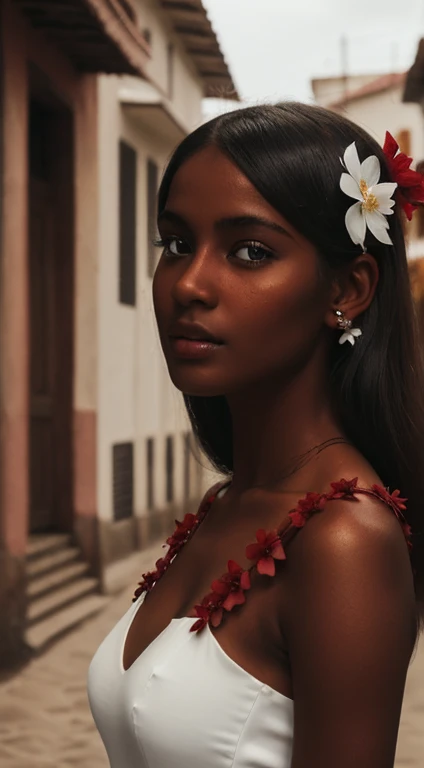 ((dark brown skin)), ((beautiful face)), ((masterpiece)) straight and natural hair, long straight hair, ((crystal brown eyes: 1.2)), 20 ears,detailed eyes, ((beautiful eyes) ) ,high detail, realistic, artwork, absurd, best quality, HDR, high quality, high definition, extremely detailed, 8k wallpaper, intricate details, 8K Ultra HD, Full HD, (((realistic photo)) ( (art, Ultra high definition, 8k)), depth of field, street in Bahia Brazil, cleavage, focus on eyes, portrait, Protruding breasts, specific skin, skin texture, sexy shoulders, golden tan, highly specific skin , long eyelashes, black mascara, ultra quality perfect face, best quality, high definition, beautiful woman, perfect, artistic finish, ((high definition)), ((semi-transparent short dress)) ((simple white dress a little transparent) ) ((perfect face)) , ((perfect woman)), ((work of art)), Delicate, ((dark skin)), mulatto, fine feminine features, thin and beautiful nose, perfect, ((delicate mouth) ), dark eyes, ((detailed and realistic beautiful face)), Black hair, ((extremely beautiful Brazilian woman)),((with a red flower in her hair)), Dark skin, long straight hair flying in the wind, (( with 1 red flower in her hair)), ((very simple white short dress, a little transparent)), standing on a street in Bahia, looking at the viewer,((beautiful eyes)),((beautiful women))northeast of Brazil, 1920s street, 1920s, in Bahia, Brazil, beautiful Brazilian mulatta, 1920s, Bahia.