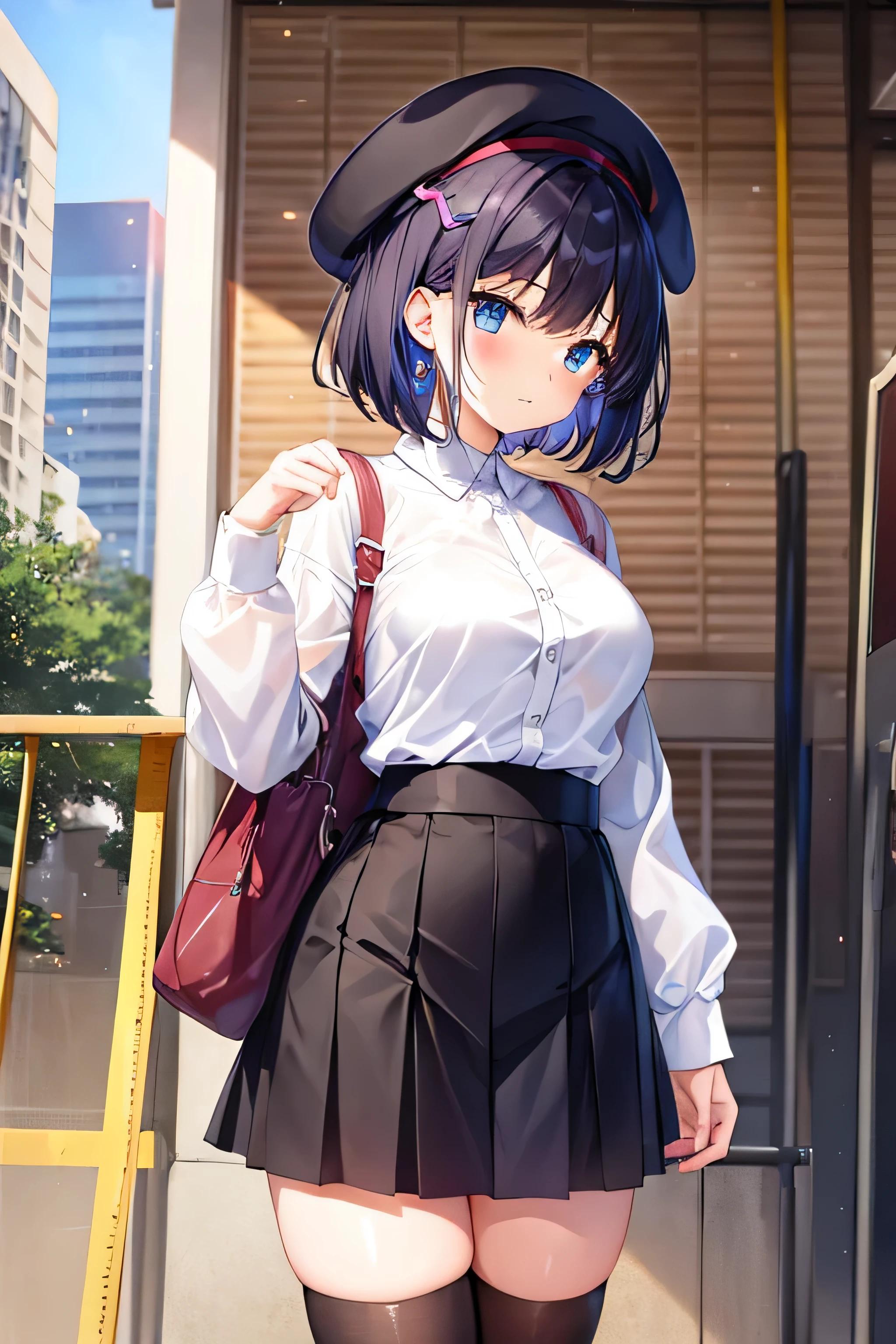 ((top-quality、8K、​masterpiece:1.3))、1 girl、Slender Abs、sofas、hyperdetailed face、A detailed eye、double eyelid、very Bigger breasts、large full breasts、Colossal 、Neat and clean 、short-hair、Straight bob hair、Shorthair with bangs、A smile、 uniform、Panties are visible from the skirt、An 18-year-old woman、Sheer white shirt、Navy blue ribbon at the collar、Dark blue pleated micro mini、sexly、Peek at the viewer、Beautiful graphics、Bright school building with strong sunlight、Show me your whole body、is standing、Plump panties、Detailed female genital shapes、Black pantyhose、(Facing the front)(((Blushing cheeks、embarassed expression)),(((The skirt is rolled up by the wind)))、Showing white panties、depth of fields、Bokeh in the background、