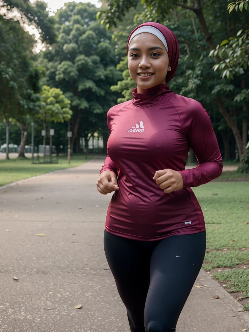 one girl, Malay, stunningly beautiful Malay actress, average Malaysian body, wearing running tee, hijab, running tights, sweating, at a park, running, looking at viewer, smiling