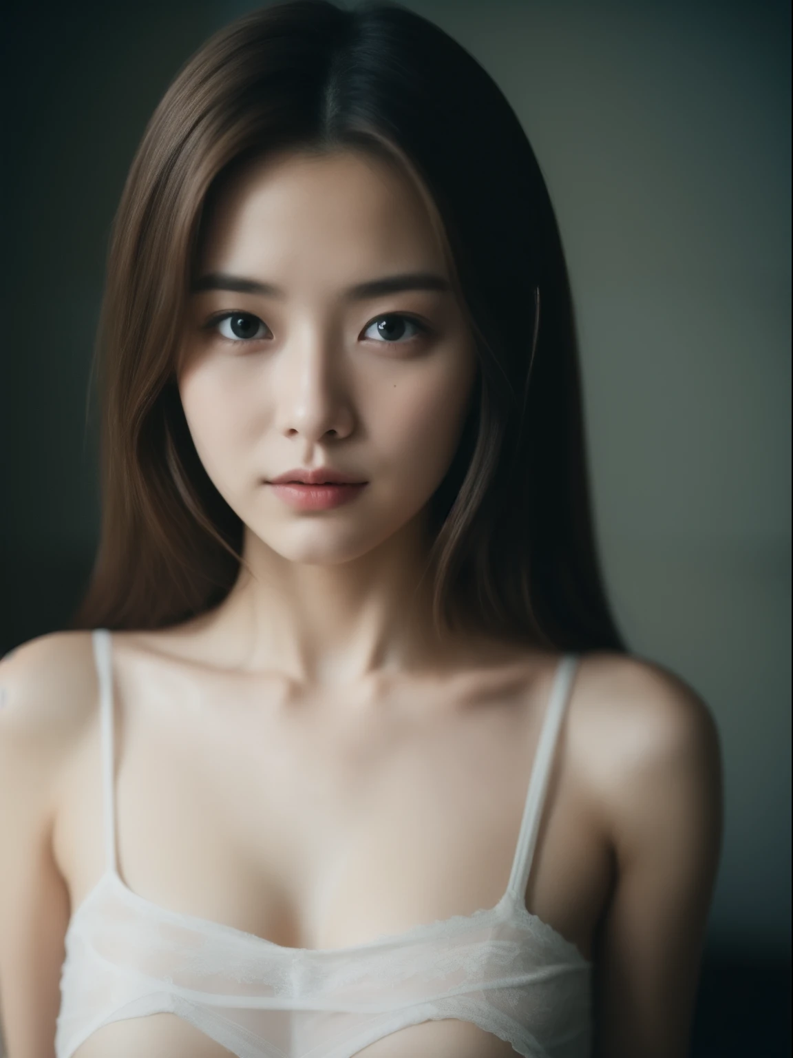 Beautiful 23 year old woman。she is wearing a satin camisole。Lace on the chest and hem.。She looks ecstatic as if she has reached an orgasm when fucking..。her dark brown hair、、her hair is long。High resolution、masterpiece、highest quality、Head w:1.0、((Hasselblad Photos))、fine skin、fine knit、(movie lighting)、clavicle