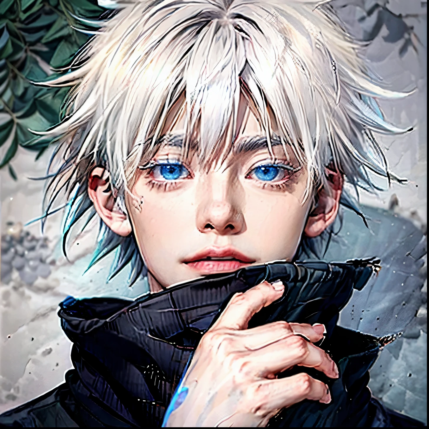 1 man, gojo satoru, short hair, white hair, bright blue eyesball, black jacket