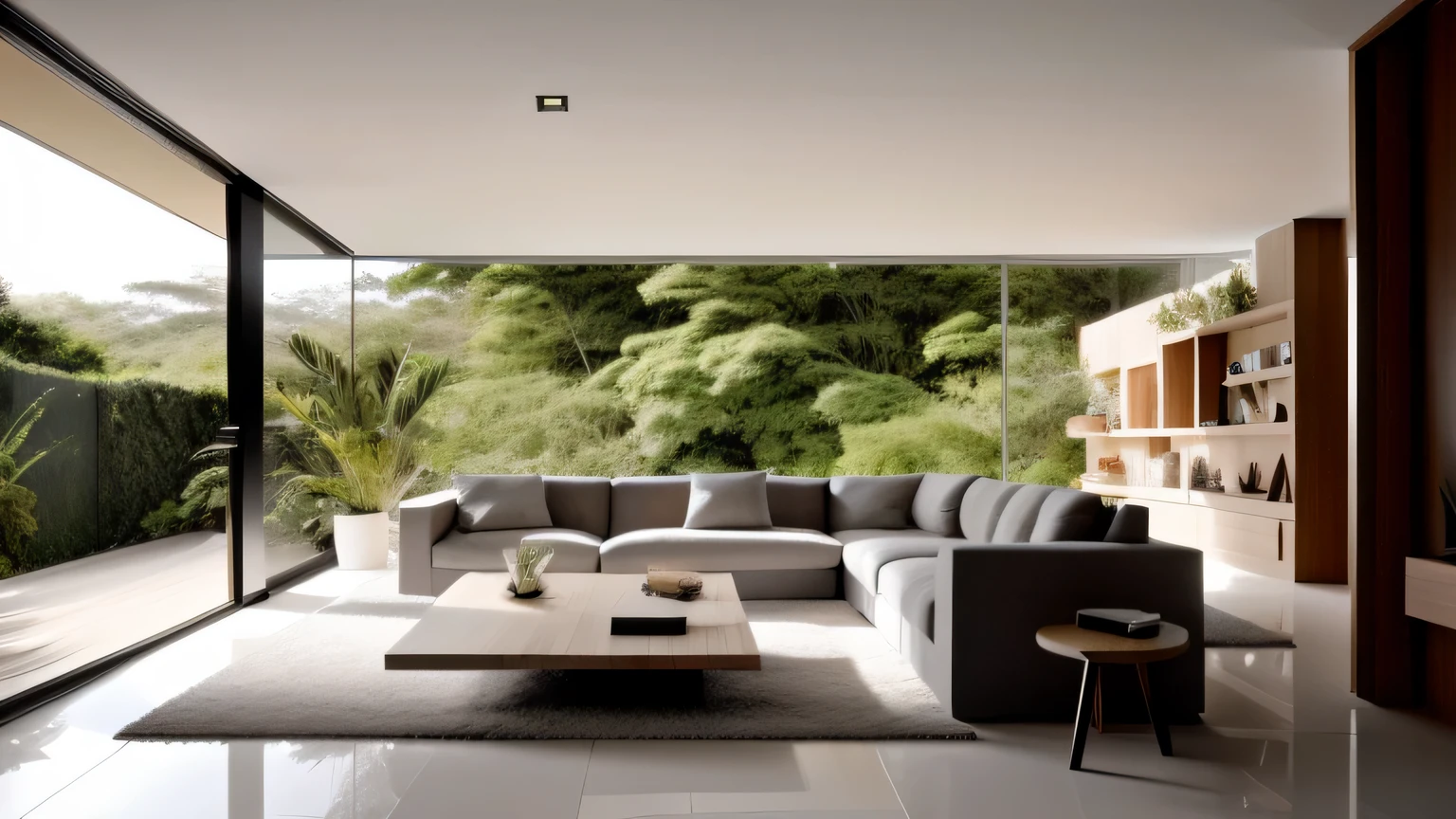 Design de interiores, fotografia de arquitetura de grande angular incrivelmente detalhada, cozy contemporary living room (luz solar quente e brilhante 1: 0,1), award-winning contemporary interior design, scenecy, mesa, cadeira, dentro de casa, piso de madeira, janela, restaurante, east asian east asian architecture, portas de correr, lamp, arquitetura, floresta, natureza, copa, planta, DESIGN DE INTERIORES, luzes e sombras interessantes, profundidade de campo, pouca luz, ,jean nouve. salvador dal. burle marx