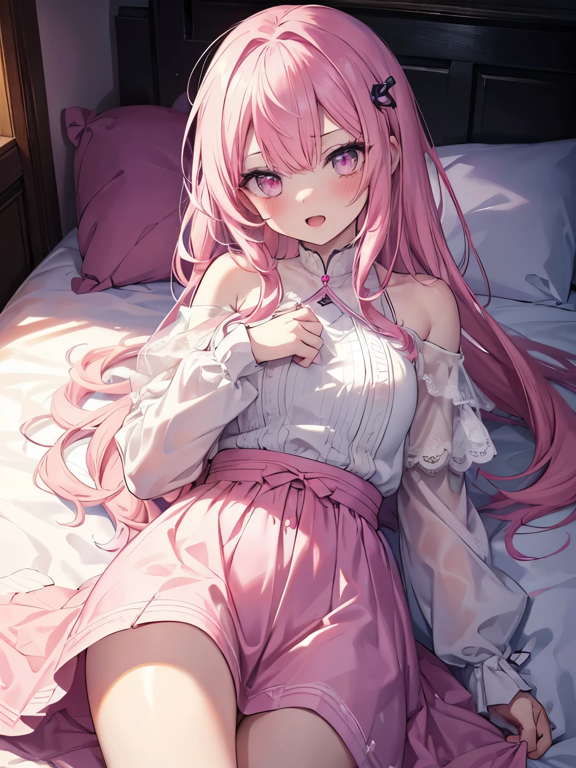 masutepiece, Highest Quality, (Perfect face:1.1), (high detailing:1.1), (ultradetailed eyes), Dramatic, superfine illustration, Extremely detailed,1girl in, teenager,(pale skin), Happy, Laugh, Enjoy,Open mouth,gloweyes,pinkhair,straight hair,Ethereal eyes, pink eye,blush, Solo,Pouty lips,Cinematic lighting,looking for viewer, cowboy shot,Long sleeve,PINK Princess dress,long length,indoor,bedroom,lie on the bed