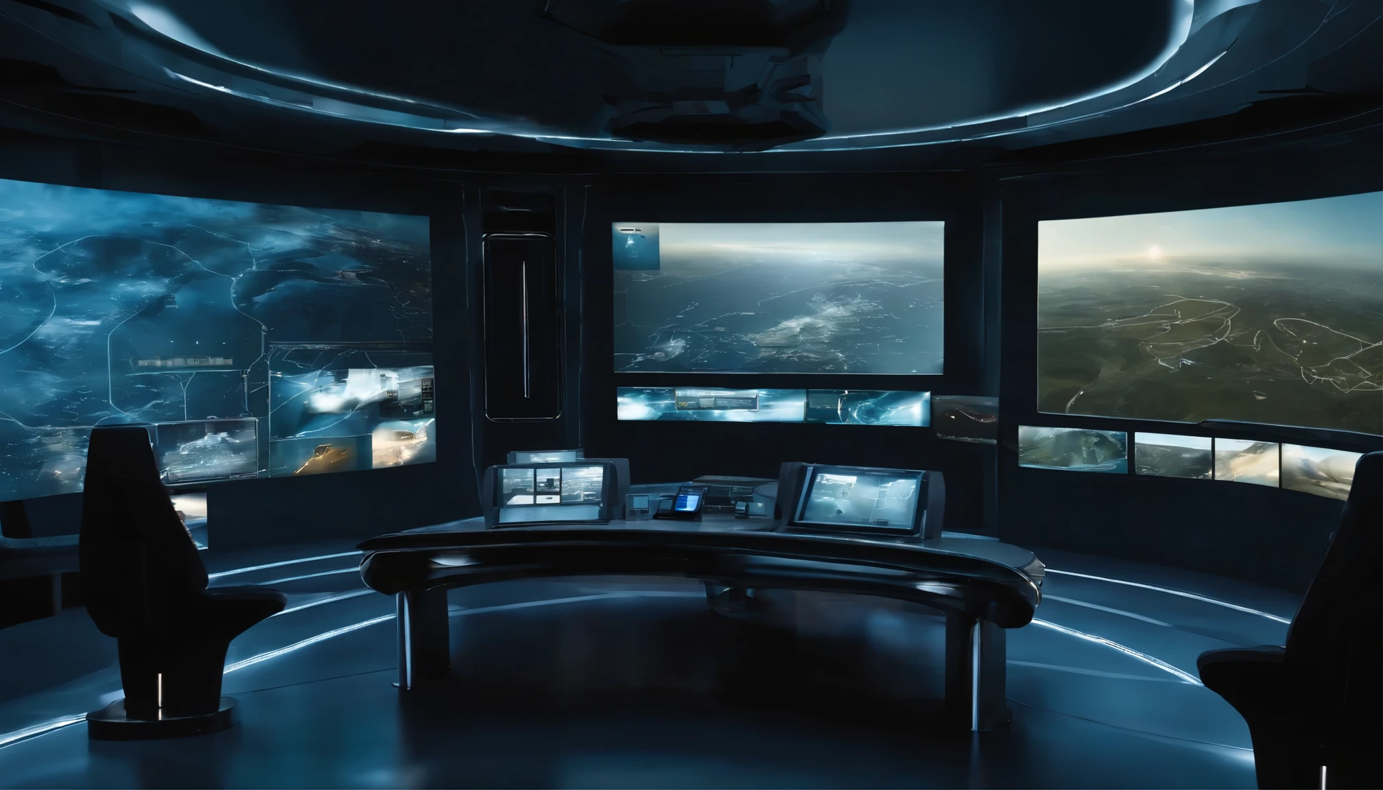 futuristic, military command center, giant display, map, 3d display, no human