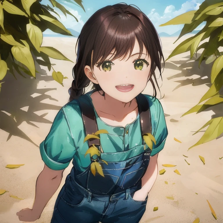 anime girl with ponytail hair and green shirt standing in the sand, anime visual of a cute girl, makoto shinkai ( apex legends ), makoto shinkai art style, makoto shinkai style, marin kitagawa fanart, anime moe artstyle, makoto shinkai. digital render, makoto shinkai!!, makoto shinkai!