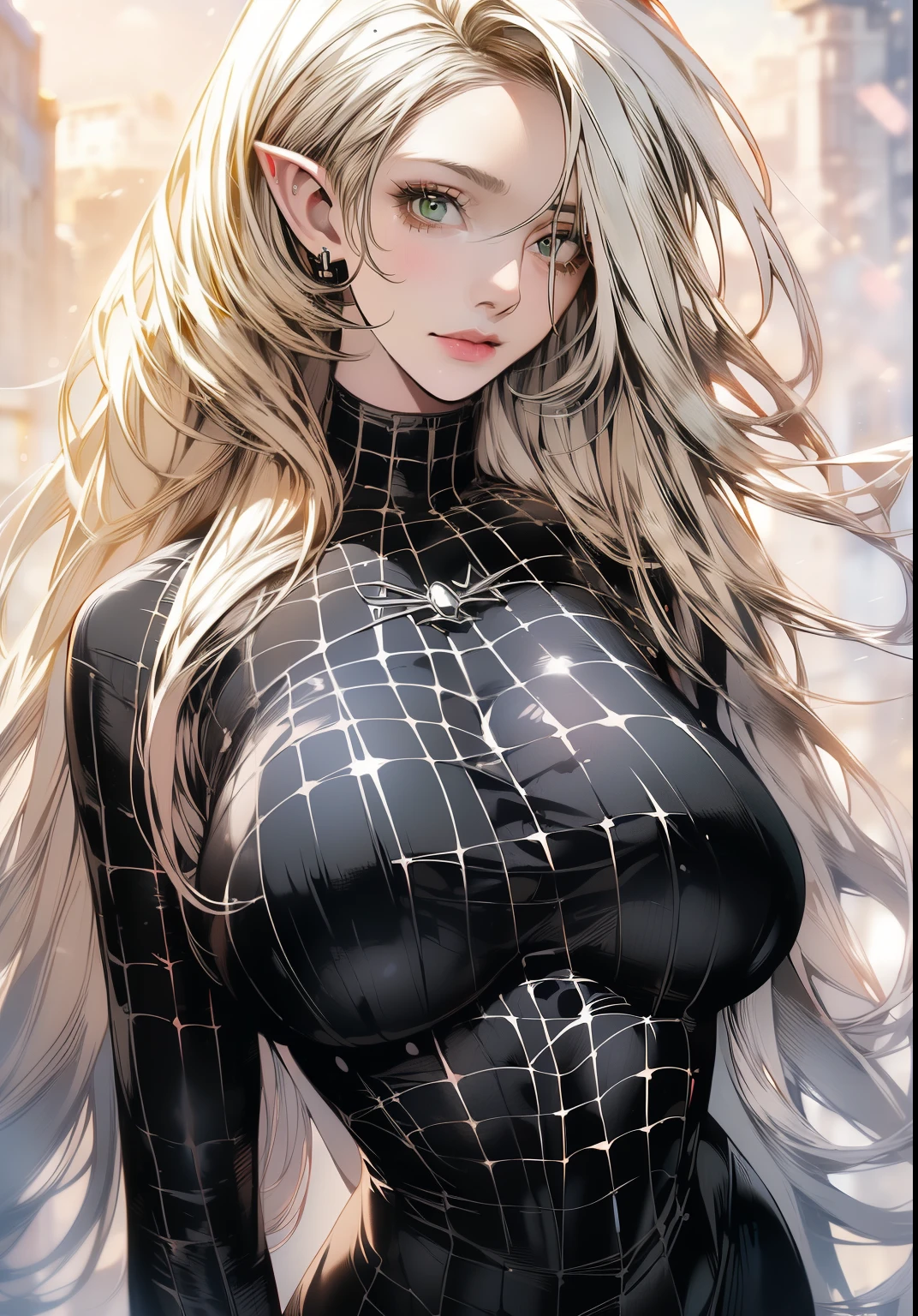 (8k, RAW photos, top quality, masterpiece: 1.2), (realistic, photorealistic: 1.37), (High Quality), (Ultra realistic), (High Details), (Face detail), (Shadow Detail), (big breast : 1.5), (yo), Looking at viewers, 1 girl, solo, green eyes, Elf Ears, White hair, Long hair, Pink Lips, Extreamly Face Detailed, Black Spider Suit Dress