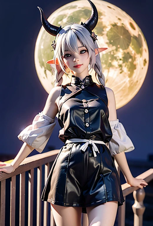 resolution、High level image quality、8K、real live action、Raw photo、highest quality、masterpiece、16 year old devil girl、unparalleled beauty、devil&#39;s black horns on head、young face、(((beautiful girl)))、long pointed ears、wear bat wings、tail、Fangs from the mouth、moon、city night view、Princess、