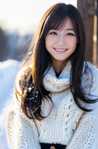 highest quality, soft light, ultra high resolution, (realistic:1.4), full_body,RAW photo, 1 Japanese girl, alone, cute, (pupil, There's a light in my eyes), detailed beautiful face,(High resolution details of human skin texture), (long hair), outdoor,skirt, (portrait),winter,big smile,knit,snow,night sky