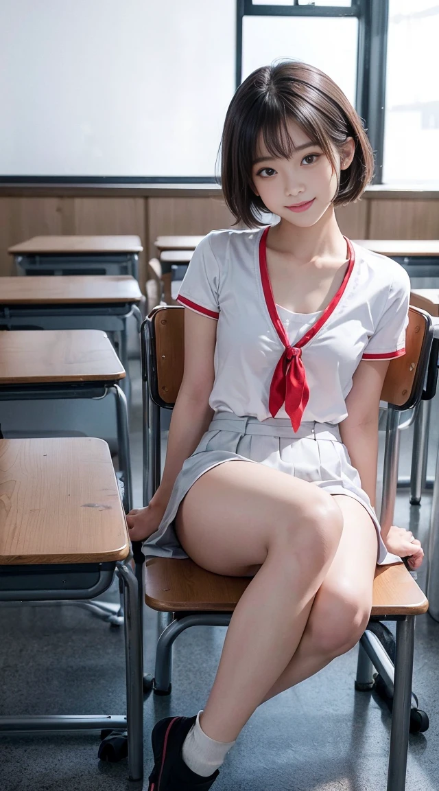 Asian woman in pink plaid and white sailor suit、(posterior view、backshots、on  back、backs、Detailed classroom), 18-year-old female student, Japan school uniform, japanese girl school uniform, a hyperrealistic schoolgirl, wearing japanese school uniform, a hyperrealistic schoolgirl, dressed as schoolgirl, cutecore, Seifuku, School Girl, Pink Plaid Sailor Uniform Uniform, Ecchi, Realistic Schoolgirl, magical school student uniform、The navel is visible、Tummy is visible、Colossal tits、Slim body、Pink plaid bow tie、(short-hair、boyish)