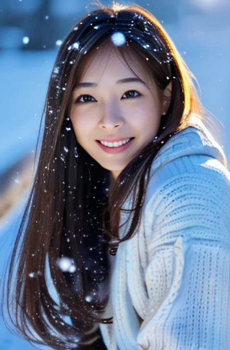 highest quality, soft light, ultra high resolution, (realistic:1.4), full_body,RAW photo, 1 Japanese girl, alone, cute, (pupil, There's a light in my eyes), detailed beautiful face,(High resolution details of human skin texture), (long hair), outdoor,skirt, (portrait),winter,big smile,knit,snow,night sky