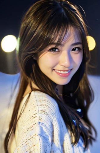 highest quality, soft light, ultra high resolution, (realistic:1.4), full_body,RAW photo, 1 Japanese girl, alone, cute, (pupil, There's a light in my eyes), detailed beautiful face,(High resolution details of human skin texture), (long hair), outdoor,skirt, (portrait),winter,big smile,knit,snow,night sky
