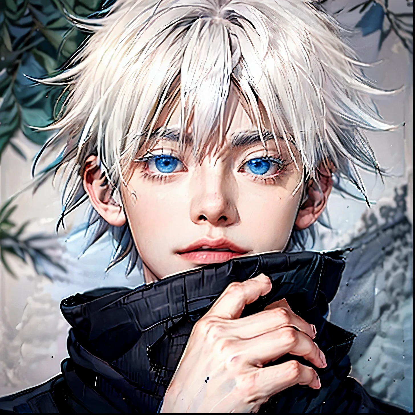 1 man, gojo satoru, short hair, white hair, bright blue eyesball, black jacket