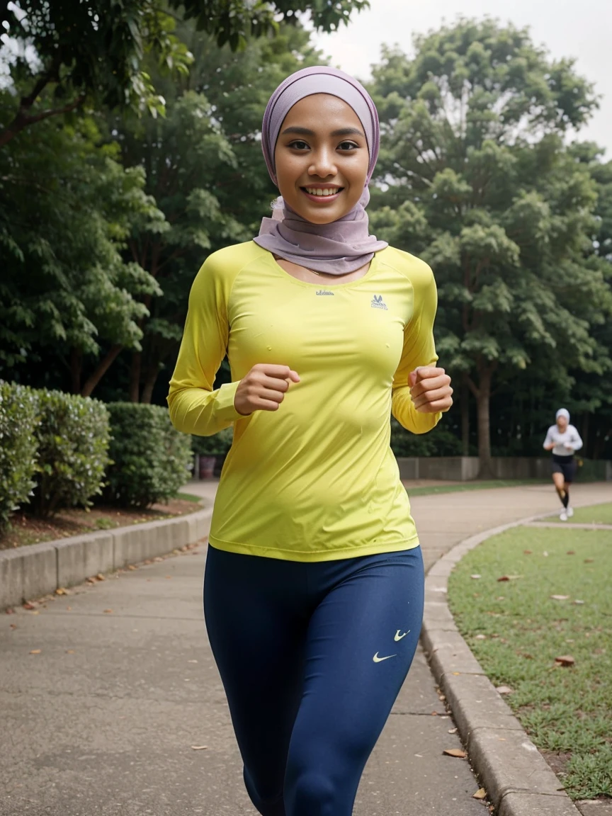 one girl, Malay, stunningly beautiful Malay actress, model body, wearing a long sleeves running tee, hijab, running tights, sweating, running at a park, looking at viewer, smiling, full body shot, professionally taken