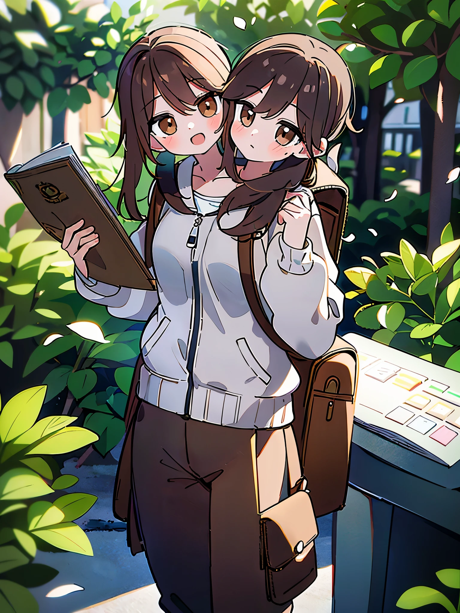 (masterpiece, best quality), best resolution, (2heads:1.5), 1girl, brown hair, brown eyes, white jacket, brown hiking pants, backpack on back, reading a map, dirt road