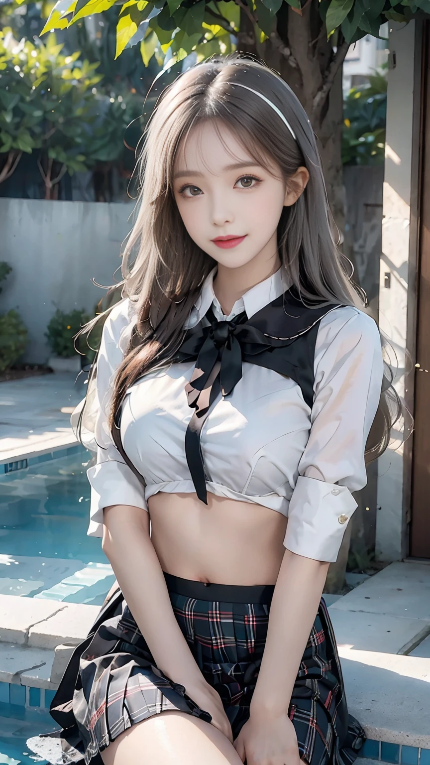 top quality, original photo, ultra high resolution, 17 years old Korean, very large round breasts, split, silver hair, School uniform, shirt, ribbon, Plaid skirt, Beautiful navel, Mouth is very thin, Smile,, beautiful eye details, long eyes, Three white eyes, Dark cheek makeup, long eyelashes, beautiful double eyelids, eye shadow, beautiful thin legs, Poolside, School
