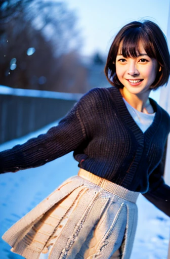 highest quality, soft light, ultra high resolution, (realistic:1.4), full_body,RAW photo, 1 Japanese girl, alone, cute, (pupil, There&#39;s a light in my eyes), detailed beautiful face,(High resolution details of human skin texture), (short hair), outdoor,skirt, (portrait),winter,big smile,knit,snow,night sky