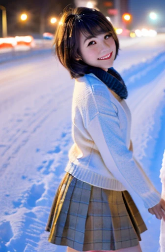 highest quality, soft light, ultra high resolution, (realistic:1.4), full_body,RAW photo, 1 Japanese girl, alone, cute, (pupil, There's a light in my eyes), detailed beautiful face,(High resolution details of human skin texture), (short hair), outdoor,skirt, (portrait),winter,big smile,knit,snow,night sky