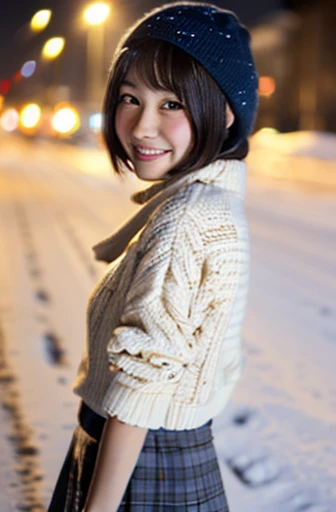highest quality, soft light, ultra high resolution, (realistic:1.4), full_body,RAW photo, 1 Japanese girl, alone, cute, (pupil, There&#39;s a light in my eyes), detailed beautiful face,(High resolution details of human skin texture), (short hair), outdoor,skirt, (portrait),winter,big smile,knit,snow,night sky