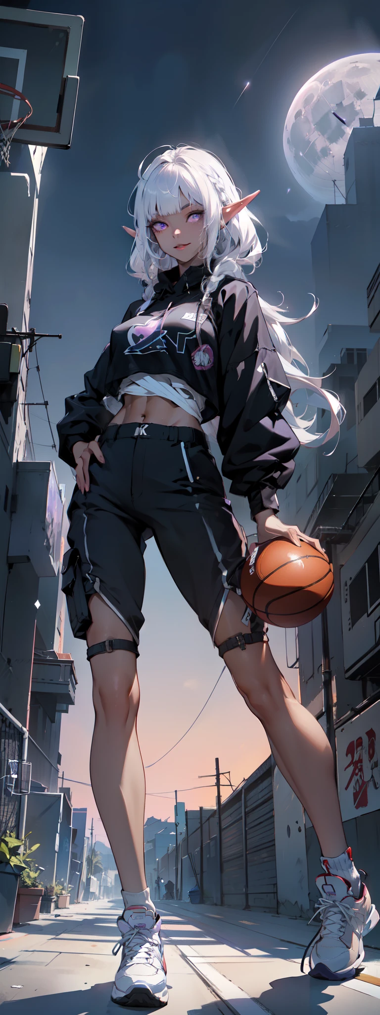 ((masterpiece)), (top quality), (best quality), ((ultra-detailed, 8k quality)), Aesthetics, Cinematic lighting, soft semi-backlit light, (detailed line art), absurdres, (best composition), (high-resolution),
BREAK,
beautiful of ((dark elf girl)), street clothes, hoodie, (cargo pants), Air Jordan Sneakers, full body, Dynamic pose, POV angle to head, atmospheric perspective, cinematic dramatic atmosphere, Standing in the middle (basketball court:1.2), (holding a basketball), outdoors, (full moon sky), sweating,
BREAK,
highly detailed of (dark elf), (1girl), solo, perfect face, details eye, ahoge, twin braids, white shining hair, hime cut bangs, medium hair, (violet eyes), shining eyes, (beautiful detailed eyelashes, eyeshadow, pink eyeshadow), smile, design art by Mikimoto Haruhiko, by Kawacy, By Yoshitaka Amano,
BREAK,
((perfect anatomy)), perfect body, Abs, (medium breast), perfect hands, perfect face, beautiful face, beautiful eyes, perfect eyes, (perfect fingers, deatailed fingers), correct anatomy, perfect legs, ((dark skin:1.2)), perfect ball, Detailed ball,