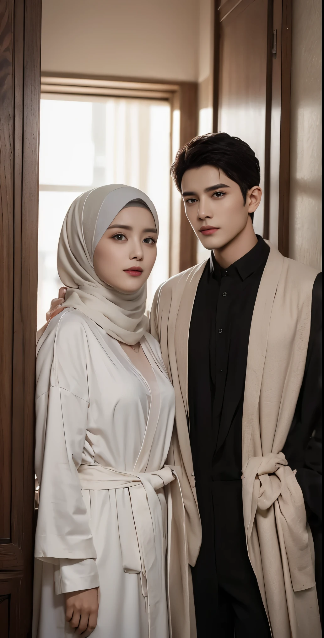 masutepiece, Best Quality, Illustration, Ultra-detailed, finely detail, hight resolution, 8K Wallpaper, Perfect dynamic composition, beautiful hijab girl muslim and her partner,married couple, handsome face, (girl's clothing): wearing a Muslim woman's robe and hijab, (Men's clothing): wearing a black shirt