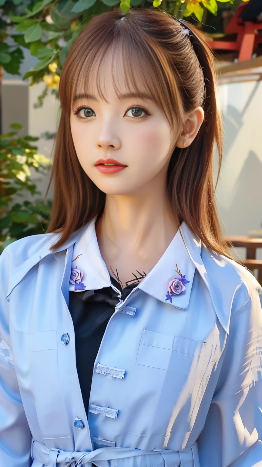(hyper-realistic), (illustration), (high resolution), (8k), (Very detailed), (best illustration), (Beautiful and delicate eyes), (best quality), (Super detailed), (masterpiece), (wallpaper), (lifelike:1.4), (Natural light), (edge lighting), (Detailed face), 高细节lifelike皮肤纹理, anatomically correct, alone, 1 girl, (高细节lifelike长发:1.25), Ponytail Contortion, (Beautiful Zhao Rose:1.5), (Beautiful and cute European girl:1.7), heterochromatic eyes, (Detailed blue eyes), There is a small mole under the eye, (big breasts:1.35), Japan high school uniform, long legs, stand，Firm abs, dynamic poses,