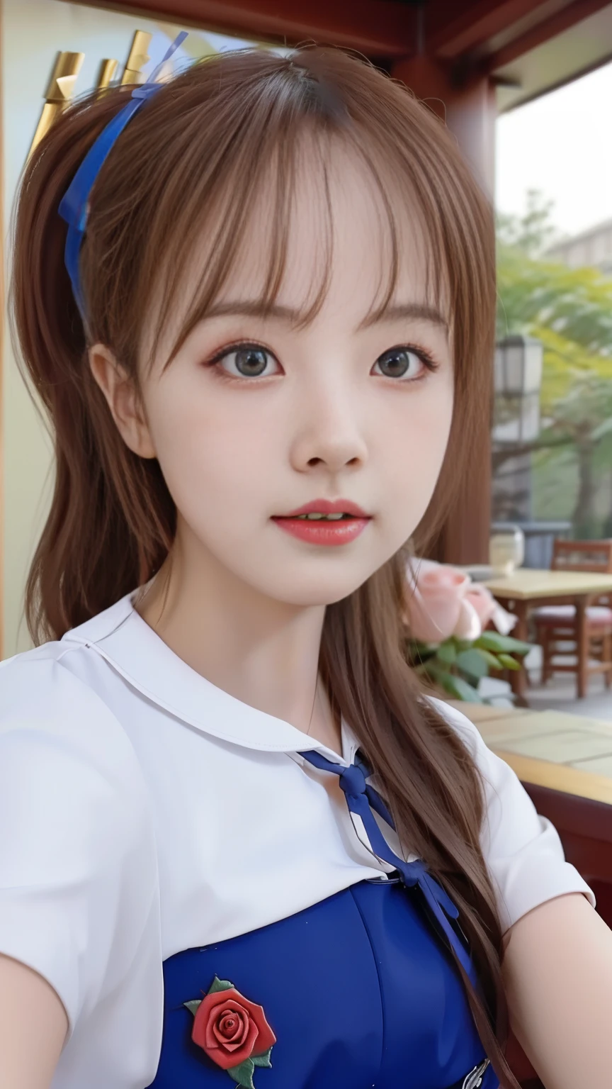 (hyper-realistic), (illustration), (high resolution), (8k), (Very detailed), (best illustration), (Beautiful and delicate eyes), (best quality), (Super detailed), (masterpiece), (wallpaper), (lifelike:1.4), (Natural light), (edge lighting), (Detailed face), 高细节lifelike皮肤纹理, anatomically correct, alone, 1 girl, (高细节lifelike长发:1.25), Ponytail Contortion, (Beautiful Zhao Rose:1.5), (Beautiful and cute European girl:1.7), heterochromatic eyes, (Detailed blue eyes), There is a small mole under the eye, (big breasts:1.35), Japan high school uniform, long legs, stand,Firm abs, dynamic poses,