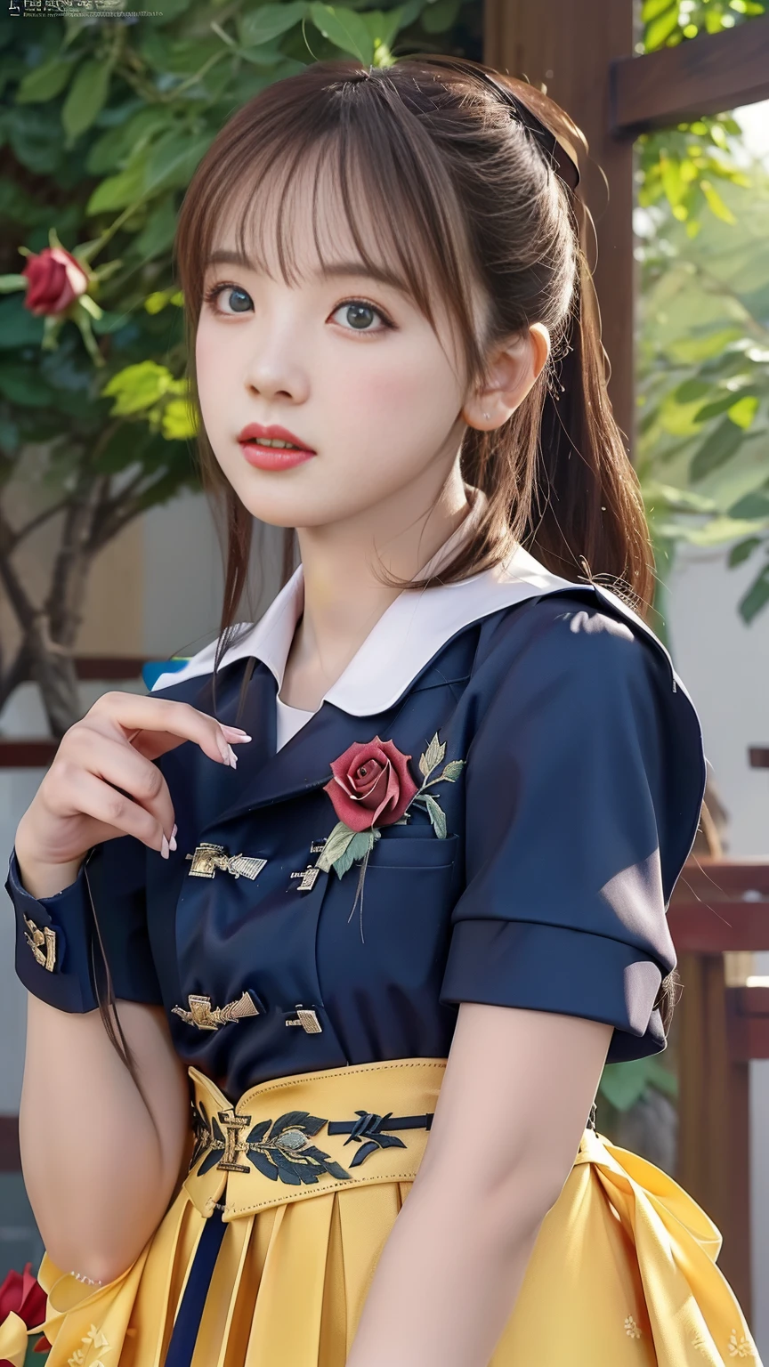(hyper-realistic), (illustration), (high resolution), (8k), (Very detailed), (best illustration), (Beautiful and delicate eyes), (best quality), (Super detailed), (masterpiece), (wallpaper), (lifelike:1.4), (Natural light), (edge lighting), (Detailed face), 高细节lifelike皮肤纹理, anatomically correct, alone, 1 girl, (高细节lifelike长发:1.25), Ponytail Contortion, (Beautiful Zhao Rose:1.5), (Beautiful and cute European girl:1.7), heterochromatic eyes, (Detailed blue eyes), There is a small mole under the eye, (big breasts:1.35), Japan high school uniform, long legs, stand，Firm abs, dynamic poses,