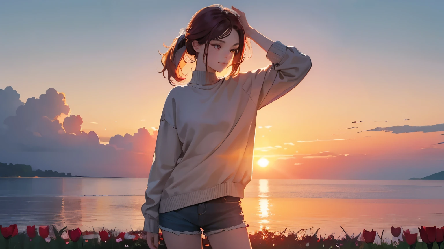 ((masterpiece)),(((bestquality))),((ultra-detailed)) realisticlying, 1 girl, Beautiful, Standing, wearing a sweater and shorts, Beautiful sunset, solo, The sky turns red at sunset, looking away, fowers, happy hand up
