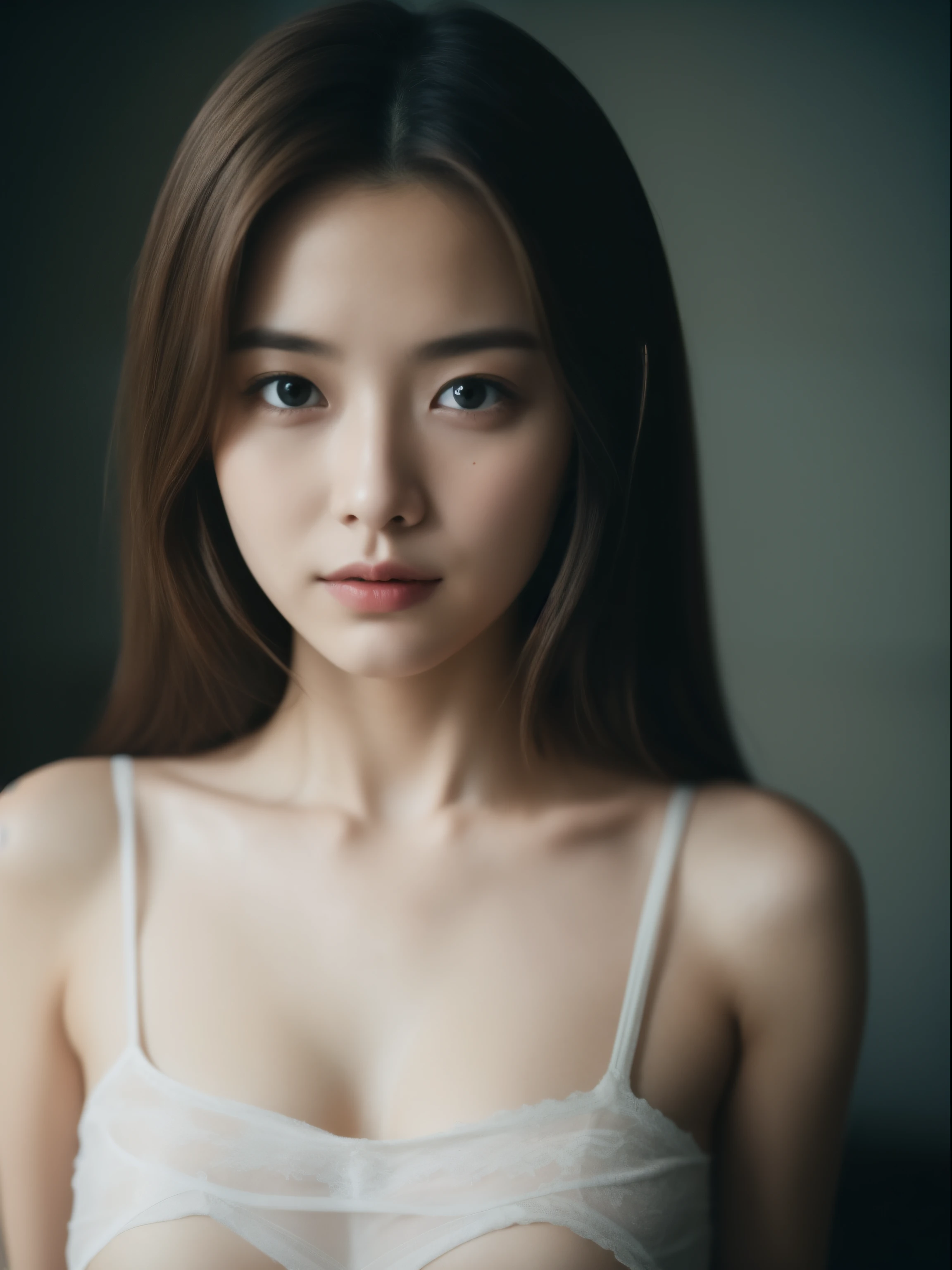 Beautiful 23 year old woman。she is wearing a satin camisole。Lace on the chest and hem.。She looks ecstatic as if she had an orgasm during sex..。her dark brown hair、、her hair is long。High resolution、masterpiece、highest quality、Head w:1.0、((Hasselblad Photos))、fine skin、fine knit、(movie lighting)、clavicle
