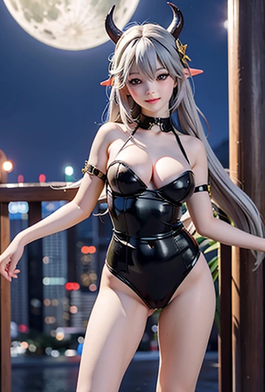 resolution、High level image quality、8K、real live action、Raw photo、highest quality、masterpiece、16 year old succubus girl、unparalleled beauty、devil&#39;s black horns on head、young face、(((beautiful girl)))、long pointed ears、wear bat wings、tail、Fangs from the mouth、moon、city night view、Princess、