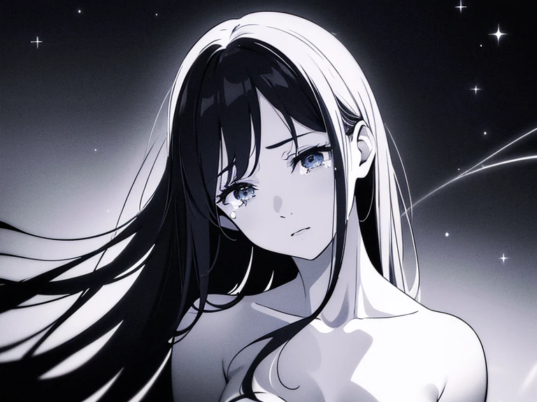 (best quality,4k,8k,highres,masterpiece:1.2),ultra-detailed,(realistic,photorealistic,photo-realistic:1.37),long black hair,beautiful detailed eyes,overflowing tears,sad,night sky,emotional,subtle moonlight,dark atmosphere,dramatic composition,distant stars,loneliness,serene,soft shadows,reflection,haunting beauty,ethereal,dream-like ambiance,deep emotions,graceful,delicate,longing,dramatic contrast,mysterious silhouette,tragic,melancholy,heartfelt expression,peaceful,powerful impact,monochromatic color scheme,touching,brilliant details,subtle textures,charming melancholy,vivid emotions.