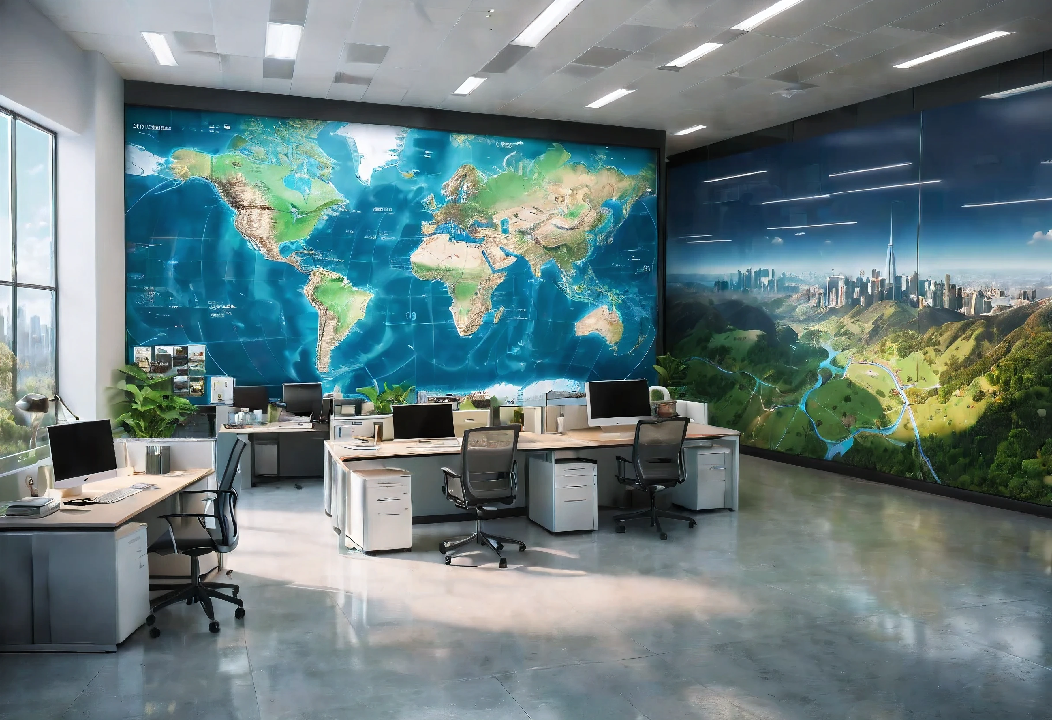 (Masterpiece in maximum 16K resolution), the best quality, (very detailed CG unity 16k wallpaper quality),(Soft colors 16k highly detailed digital art),Super Detailed. | Perfect image,16k UE5,editorial photograph, superfine, Depth of field, no contrast, clean sharp focus, professional, No blurring. | The office on the headquarters of government facing digital map, floor-to-ceiling size digital map with intricate details, amazing wallpapers, official surroundings, optimistic matte photography, Beautiful digital artwork, office background, Beautiful and detailed scenes, UHD underground, UHD landscape,official concept art, detailed digital map. | (((More detail))).