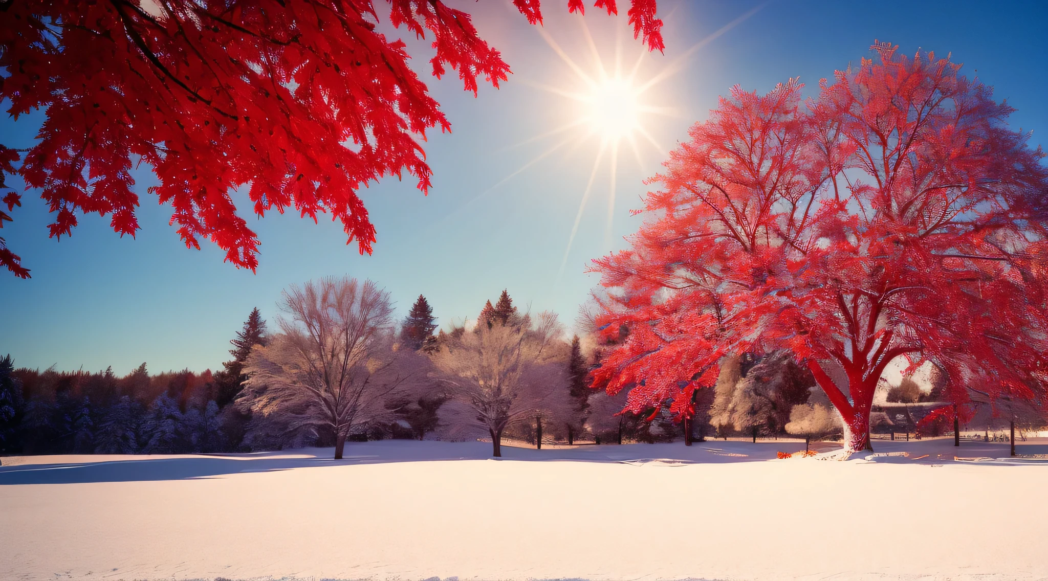 snowy scene of a tree with red leaves in the foreground, with snow covered colourful red, beautiful wallpaper, magical leafs falling, red and white colors, dusting of snow, autumn season, red leaves, maple tree, canadian maple leaves, red trees, red leaves on the ground, blood red leaves, very beautiful photo, gentle snow, red and white color theme