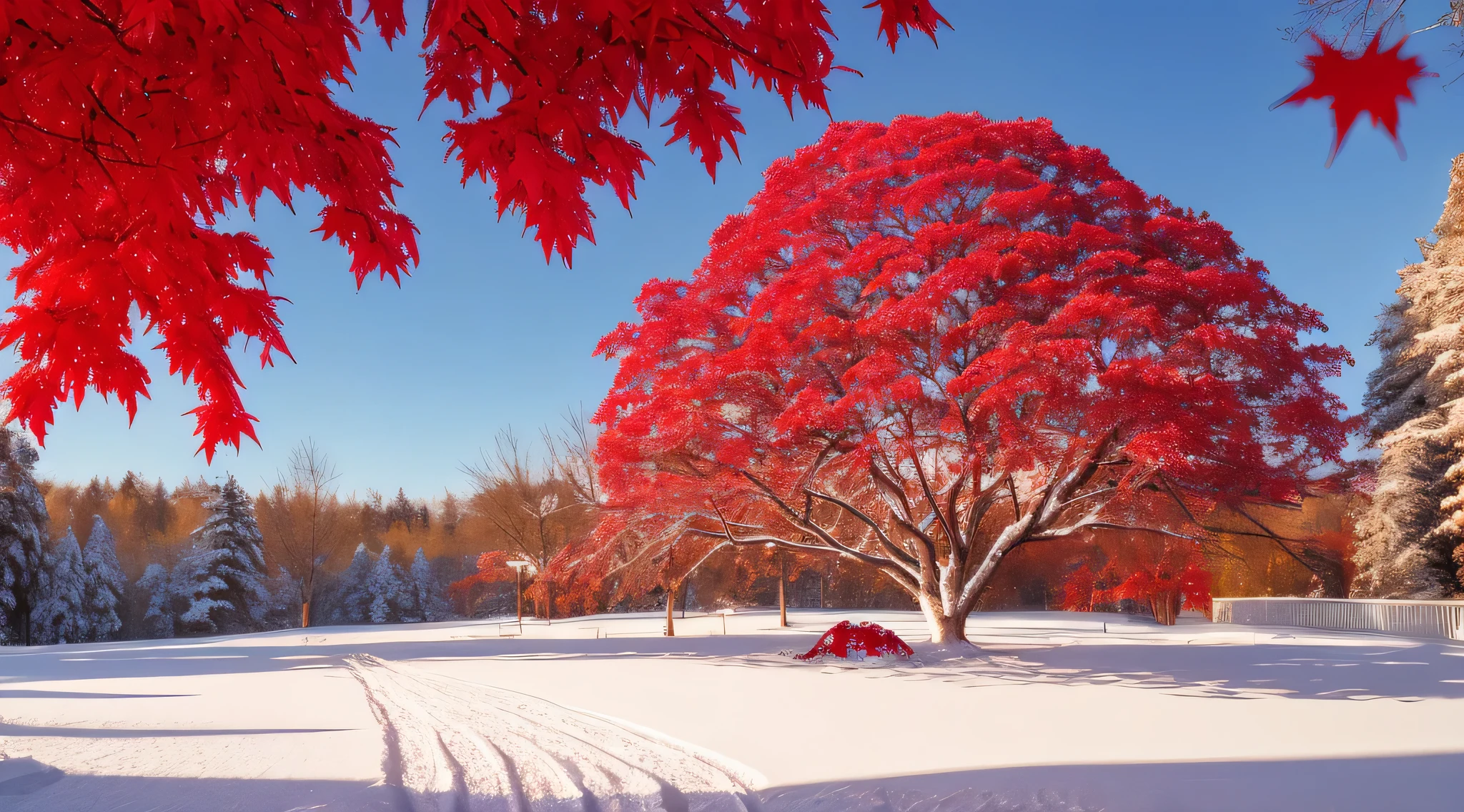 snowy scene of a tree with red leaves in the foreground, with snow covered colourful red, beautiful wallpaper, magical leafs falling, red and white colors, dusting of snow, autumn season, red leaves, maple tree, canadian maple leaves, red trees, red leaves on the ground, blood red leaves, very beautiful photo, gentle snow, red and white color theme