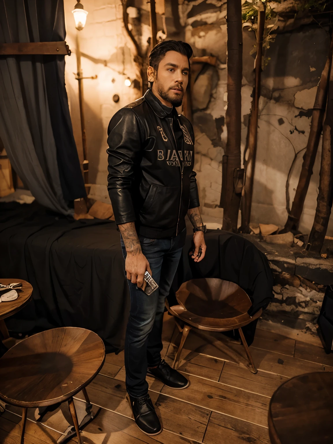 Change the entire set up in the background and change the dress of a man make black jacket with blue jeans with black leather shoes 