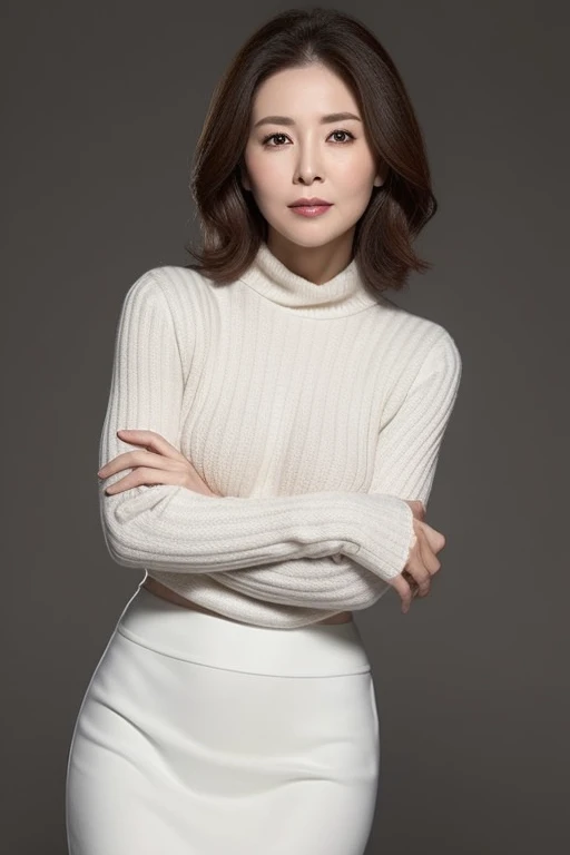 high resolution, High level of image quality, high detail, masterpiece, rough skin, anatomically correct, sharp, gray background((Japan mature, 90 years old)), alone, ((facial wrinkle)), Good figure and big breasts, Shoulder-length light brown straight hair, chubby body type (((stand firm, Face the center of the screen.))), shut up,Staring straight ahead with a serious face, See-through white bodycon dress,sweater, skirt, ((cowboy shooting)),