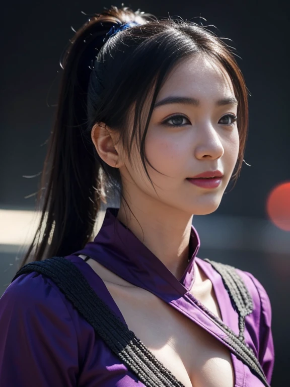 8K portrait、Black hair in a ponytail、Beautiful 25 year old Japan woman, white skin, double eyelid、serious expression, smile a little、Wearing a black and purple ninja costume,Ninja silhouette、plump big breasts、cleavage、With a little exposure、full body shot, dynamic pose, Action-packed、The background is Hayashi、environmental lighting, photorealism, intricate face details, intricate hand details, very detailed, bright colors, cinematic, High resolution, Art Station Trends - Style Row
