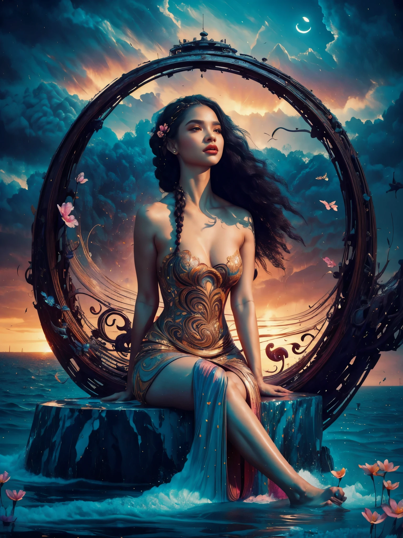 a painting of a ankymoore woman with long wavy hair, t-shirt with plumeria design, digital art inspired by Cyril Rolando, trends in cg society, digital art fantasy, colorful digital fantasy art, wonderful digital art, beautiful art uhd 4 k, exquisite digital illustration, MASTERPIECE, full body photo, black and brown hair, long afro-style hair, real water, bathing in a river pond, extremely detailed art, blushing, water running down the body, small breasts, legs open, sexual arousal, sexual expression, glowing skin, intricate, elegant and highly detailed digital photography, majestic and surreal painting, golden butterfly filigree, beautiful finely detailed eyes:1.2), hdr, (masterpiece), best quality, expressive eyes looking out of the corner of the eye, perfect face, portrait of a beautiful goddess with afro hair, long hair in braids and afro, latin brown skin, intricate digital photography, elegant, highly detailed, earth, (detailed background window to a new dimension, plants and flowers:0.7) night sky with full moon, highly detailed face and body, cinematic lighting, photorealistic, 1 woman, 58 years old, dark brown eyes, big eyes, pink lips, bald pussy, well lit, beautiful and aesthetic:1.2), (fractal art:1.3), colorful, beautiful goddess emerging from the ocean, full female body, wild waves, big waves, oriental mandala tattoos, transparent dresses merged into the sea, stormy sky, sunset sky, storm clouds red, ancient temple floating in the sea, old floating clock, lamp, lantern, beautiful woman with a slight smile, forest, flowers and roses, visible vagina, no panties, ((sitting on a marble pedestal)), front view, magic, Lord of the Rings world, waterfall, mandala and flower tattoos on naked body, toes submerged in water, mostly cloudy sky (highly detailed CG unity 8K wallpaper), exposed breasts, nudes, wlop, naked body,