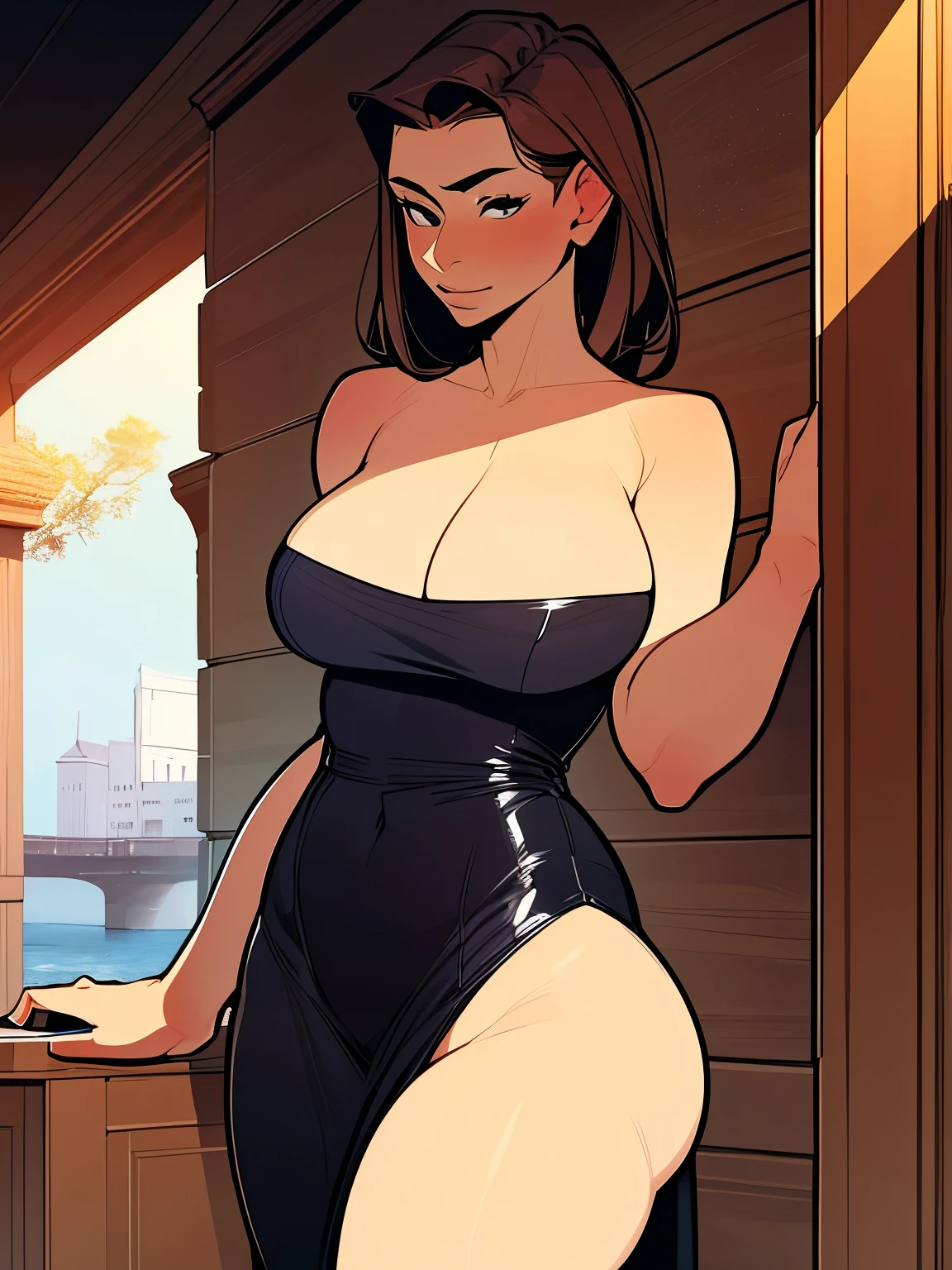 Masterpiece, good quality, 1girl, (thick body:0.7), strapless, bare shoulder,