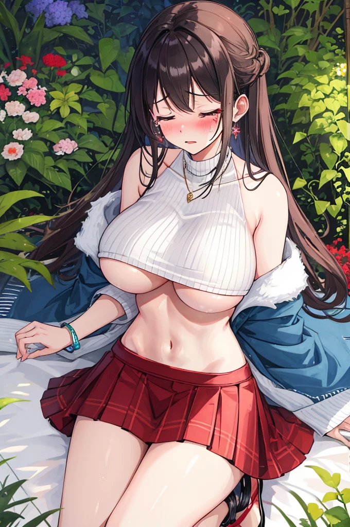 A woman with big ,Gorgeous MILF,clavicle,Prominent and smooth underboob,exquisite,Sweater skirts,Intricate details,Complex textures,pubic,anklet,(blush:1.2),eyes closed,coma,shed tears,Fear,Drunk,garden,