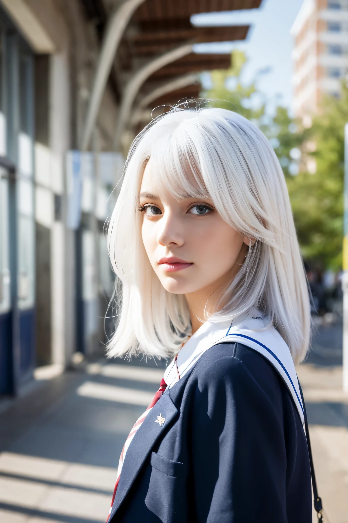 Tall beautiful woman with white hair at school