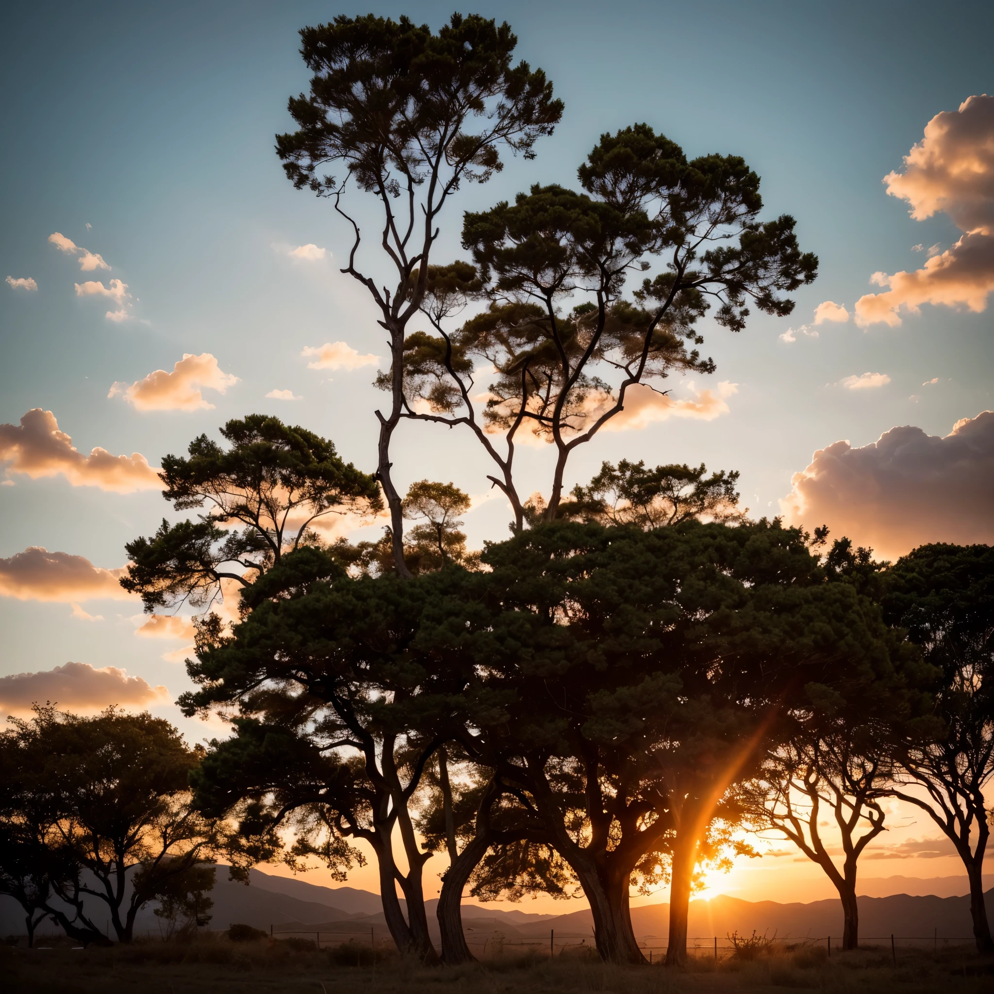 beautiful sunset with tree silhouette in the foreground, late afternoon, warm colors, light, sunshine, very detailed, very sharp, photography, scene framing, cinematic depth of field effect, film noir genre, 8k resolution , high quality, Ultra detail