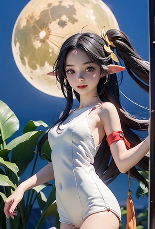 resolution、High level image quality、8K、real live action、Raw photo、highest quality、masterpiece、16 year old succubus girl、unparalleled beauty、devil&#39;s black horns on head、young face、(((beautiful girl)))、long pointed ears、wear bat wings、girl with a tail、girl with fangs coming out of her mouth、moon、night view、Princess、water play