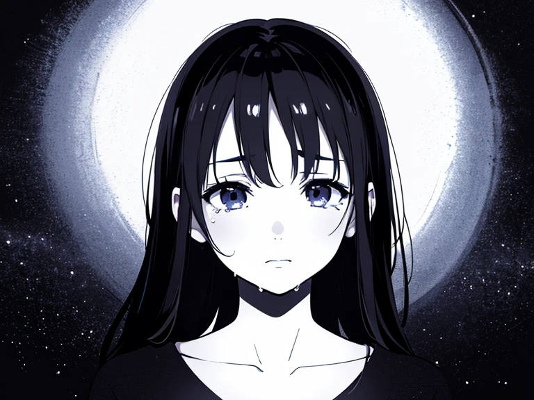 (best quality,4k,8k,highres,masterpiece:1.2),ultra-detailed,(realistic,photorealistic,photo-realistic:1.37),long black hair,beautiful detailed eyes,overflowing tears,sad,night sky,emotional,subtle moonlight,dark atmosphere,dramatic composition,distant stars,loneliness,serene,soft shadows,reflection,haunting beauty,ethereal,dream-like ambiance,deep emotions,graceful,delicate,longing,dramatic contrast,mysterious silhouette,tragic,melancholy,heartfelt expression,peaceful,powerful impact,monochromatic color scheme,touching,brilliant details,subtle textures,charming melancholy,vivid emotions.18歳の***,Tシャツ,悲しそう,大粒の涙,大泣き