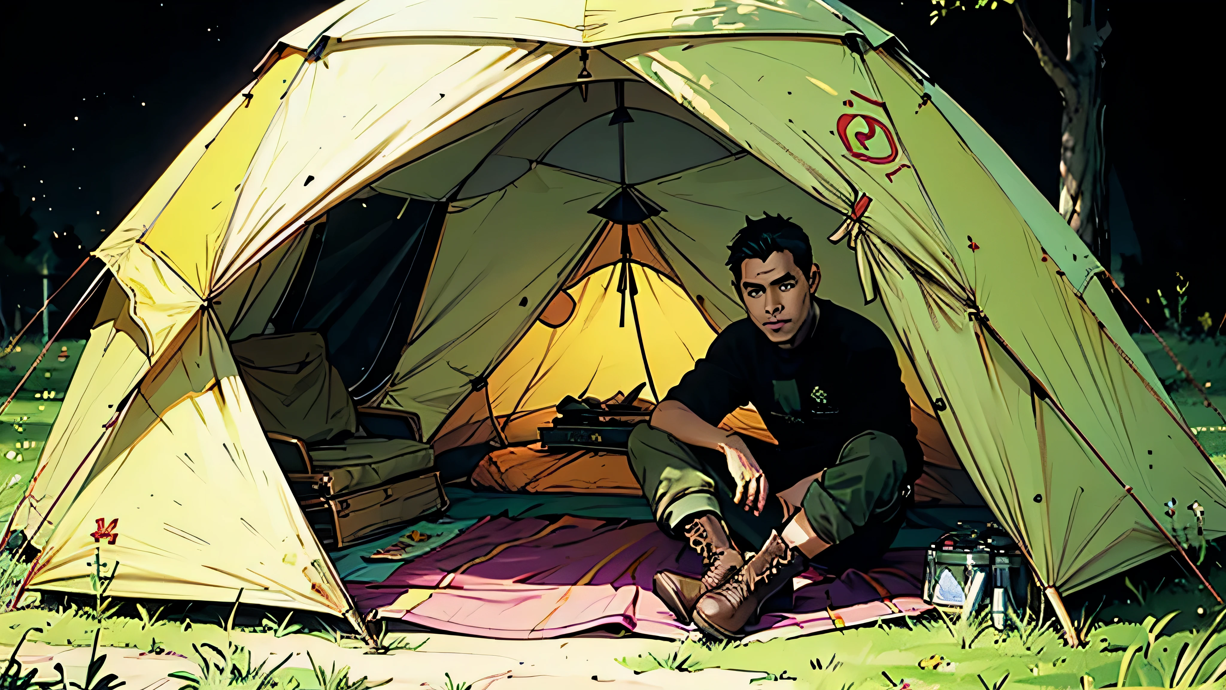 Gere uma imagem que represente um acampamento com uma barraca, isto'It's night and everything is very dark and a man wearing camping clothes, with black boots and pants, wearing a dark green long shirt is inside the green camping tent, with the expression of fear of something outside the tent, The camera must focus on the inside of the tent, destacando os detalhes da barraca, cama, porta da barraca, livro e outros objetos relacionados ao acampamento.